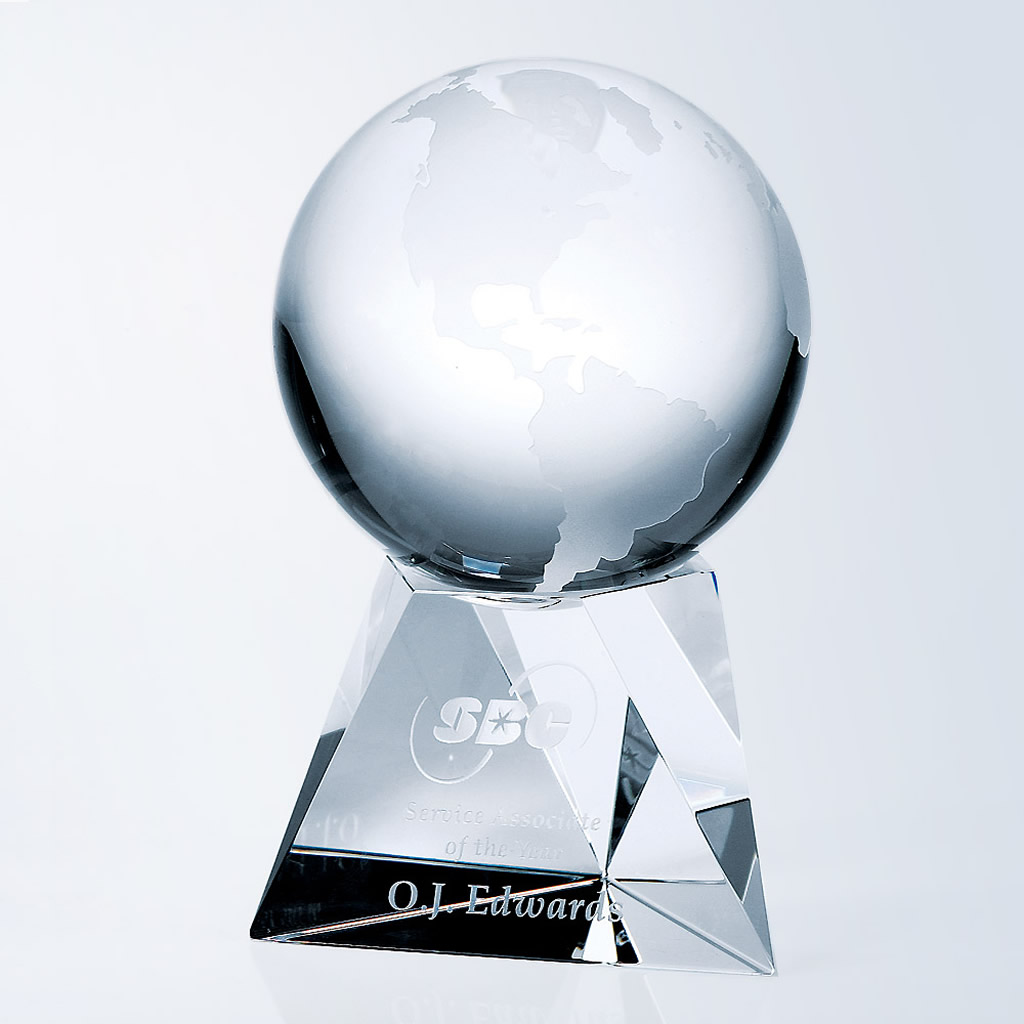 Crystal globe award with etched continents, faceted glass tri base, custom engraving for corporate recognition.