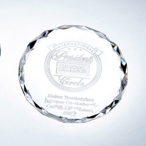 Crystal trophy engraved for International Presidents Circle, Coldwell Banker; corporate recognition award on white background.