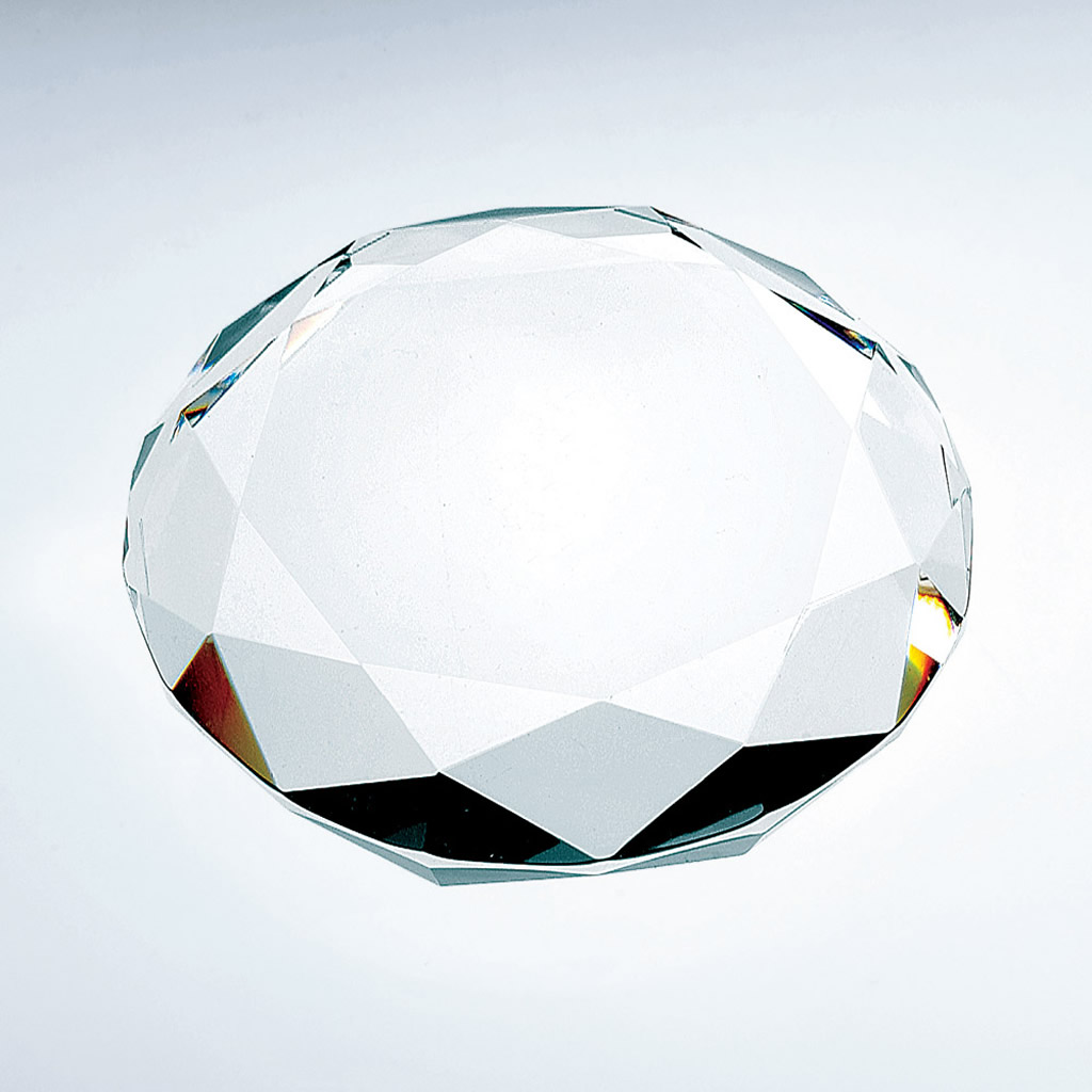 Round-cut crystal trophy award on a light background, ideal for corporate recognition or employee achievement.