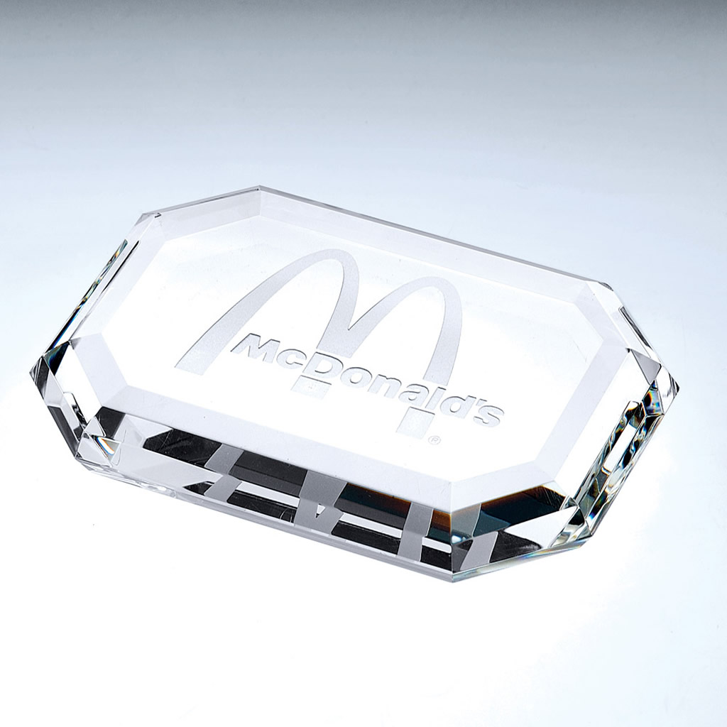 Crystal plaque award with engraved McDonalds logo and name, ideal for corporate or employee recognition.