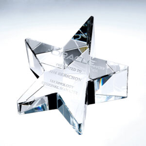 Crystal star award with engraved Oracle and Technology Regional Manager text, corporate recognition trophy on white background.