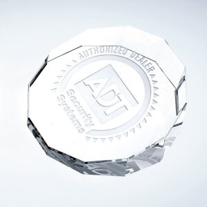Crystal trophy award with ADT Security Systems Authorized Dealer engraving, angled on a light background for corporate recognition.
