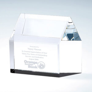 House-shaped crystal plaque honoring 35 years of service, ideal for corporate or employee milestone recognition awards.