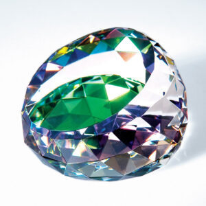 Crystal trophy with multicolored facets in green, purple, blue, and yellow; ideal for corporate achievement recognition.