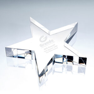 Crystal star award trophy with engraved text and logo, ideal for corporate recognition or employee achievement.