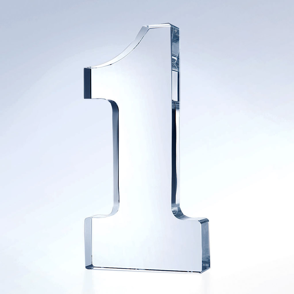 Crystal number 1 trophy in clear glass on reflective blue base, ideal for employee recognition or corporate achievement awards.