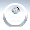 Crystal desk clock award with silver rim; custom-engraved for excellence and dedication in corporate recognition.