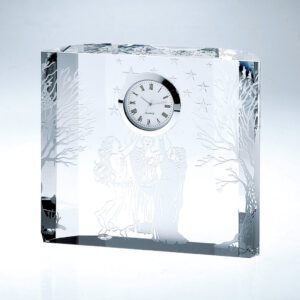 Crystal Art Deco trophy featuring three women under stars, with Roman numeral clock face; ideal for corporate achievement awards.