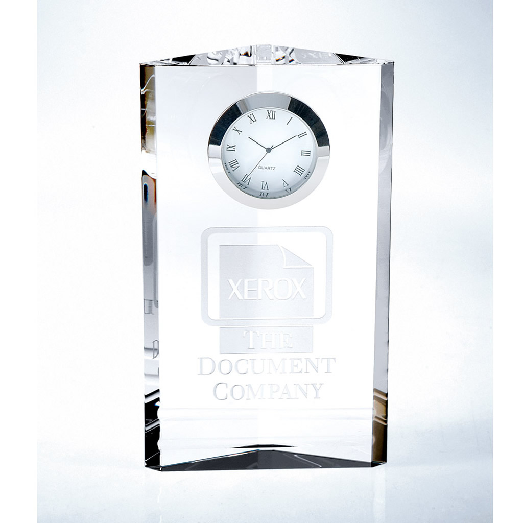 Crystal plaque with embedded clock and etched Xerox logo, ideal for corporate recognition or employee achievement awards.