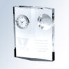Crystal plaque award with embedded clock, globe, MWCA logo, and engraved empowerment and anti-racism message.