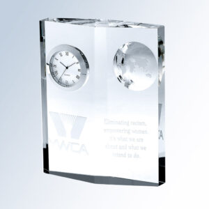 Crystal plaque award with embedded clock, globe, MWCA logo, and engraved empowerment and anti-racism message.
