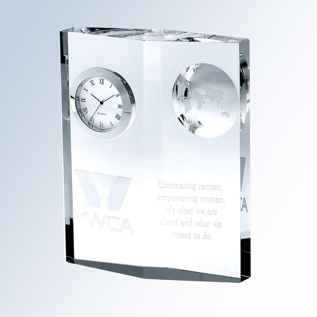 Crystal plaque award with embedded clock, globe, MWCA logo, and engraved empowerment and anti-racism message.