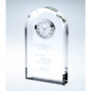 Crystal plaque award with built-in analog clock, engraved "2007 Worlds Best Customer" and bottom logo; corporate recognition.