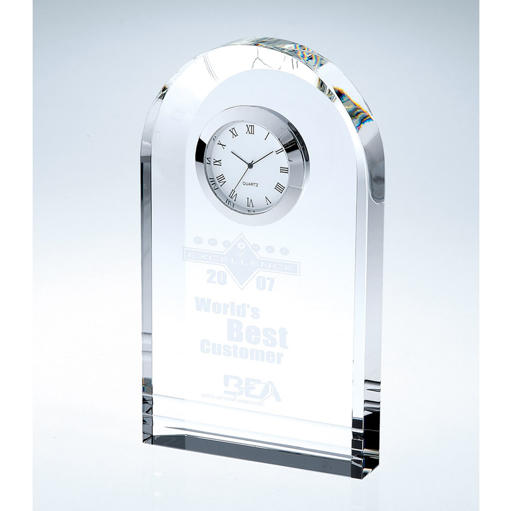 Crystal plaque award with built-in analog clock, engraved "2007 Worlds Best Customer" and bottom logo; corporate recognition.