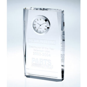 Crystal trophy with round clock, engraved for Selenium Distributor of the Year 2003-2004, corporate achievement award.
