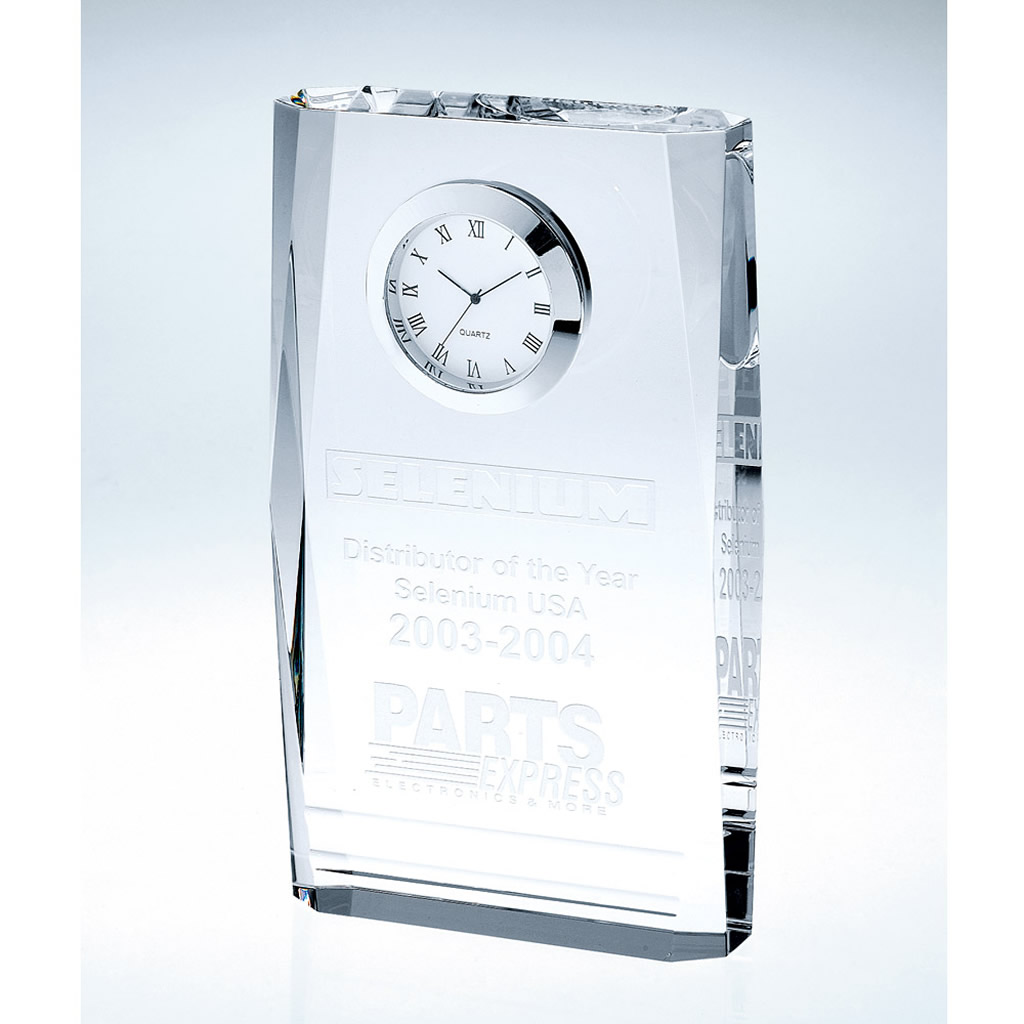Crystal trophy with round clock, engraved for Selenium Distributor of the Year 2003-2004, corporate achievement award.