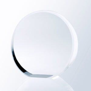 Crystal beveled circle trophy award, clear polished glass on flat base, ideal for corporate or employee recognition.