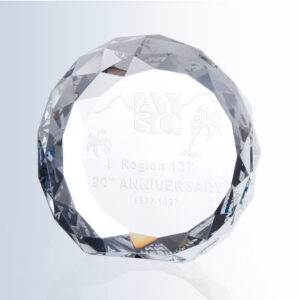 Crystal circle trophy with gem-cut edges, palm tree engraving, and "AYSO 20th Anniversary" text; white-blue gradient background.