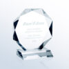 Prestige 1 crystal award trophy with Rain Bird logo, corporate service recognition, faceted clear crystal on rectangular base.