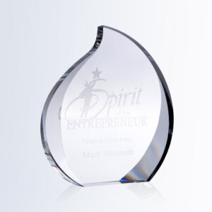 Crystal flame award with engraved "Spirit of the Entrepreneur, Finalist Corporate, Mark Warmoth" on clear glass.
