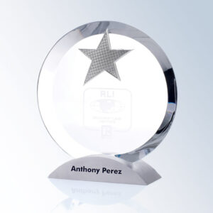 Crystal star award trophy with silver textured star and engraved base for corporate or employee recognition.
