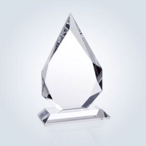 Crystal flame trophy with faceted design on glass base, ideal for corporate or employee achievement recognition.