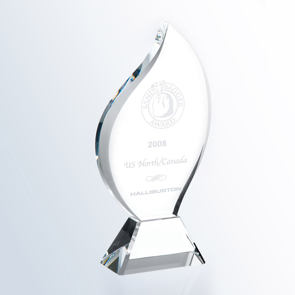 Crystal flame trophy with rectangular base, clear glass, engraved for Halliburton achievement, Sand Bagger Award 2008.