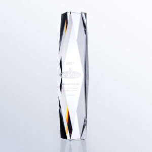 Crystal trophy with "2007 Innovation" etching, upright on white background; ideal for corporate recognition or achievement awards.