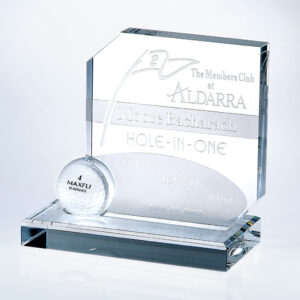 Crystal golf trophy with engraved hole-in-one details, featuring golf ball design. Ideal for achievement recognition.