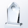 Crystal trophy with beveled edge, flat base, and etched globe, ideal for corporate recognition or achievement awards.