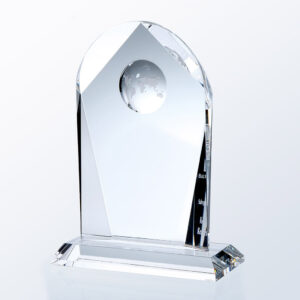 Crystal trophy with beveled edge, flat base, and etched globe, ideal for corporate recognition or achievement awards.