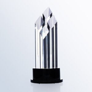 Crystal trophy with geometric top, black base; ideal for corporate or employee achievement recognition.