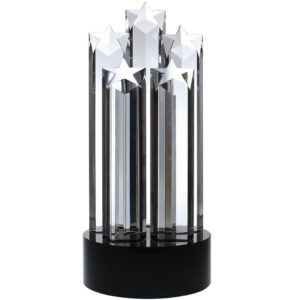 Crystal star award with five pillars on black base, ideal for corporate achievement or employee recognition.