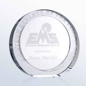 Crystal award trophy with EMS logo, engraved for Amateur Athlete of the Year, presented to Dana Martija.