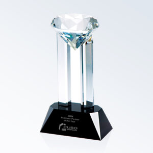 Crystal trophy with diamond-shaped top on black base, engraved for 2008 Business Partner of the Year corporate recognition.