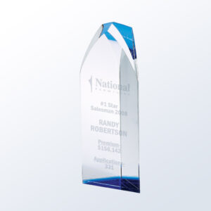 Blue crystal tower award with "National Farm Life #1 Star Salesman 2008" engraved, for corporate achievement recognition.