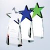 Crystal star awards in blue, green, and clear glass with engraved logo, ideal for corporate or employee recognition.