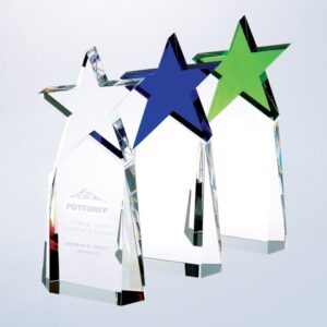 Crystal star awards in blue, green, and clear glass with engraved logo, ideal for corporate or employee recognition.