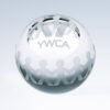 Crystal globe trophy with YWCA etching and people design, ideal for corporate or community achievement recognition.