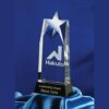 Crystal star trophy with "Hakuto Leadership Award" engraving, presented to Maria Cafer, on blue satin display.