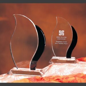 Black crystal trophy awards with black accents, one engraved for MVP recognition, displayed on an orange patterned surface.