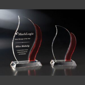 Red crystal trophy awards with beveled bases, ideal for corporate or employee recognition, one engraved, one blank.