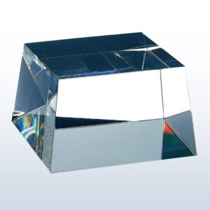 Rectangular crystal trophy with reflective glass surfaces and subtle rainbow refractions, ideal for corporate achievement awards.