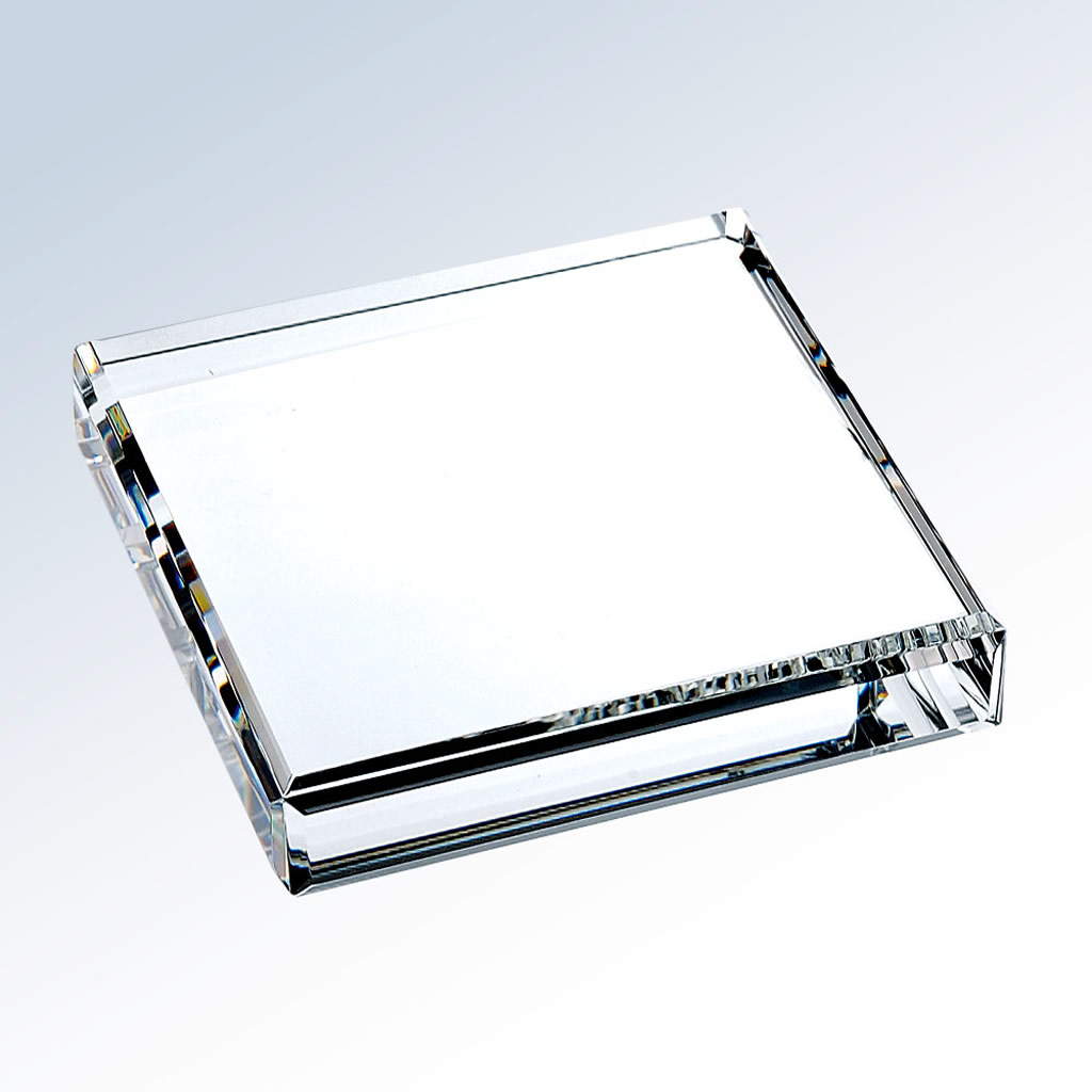 Crystal plaque award with beveled edges, clear acrylic or glass, ideal for corporate recognition or employee achievement.