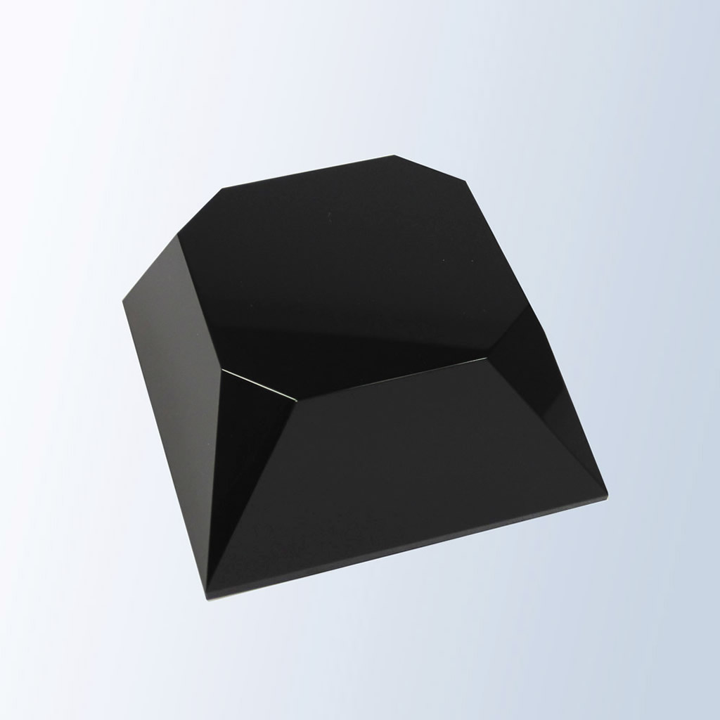 Black crystal four-sided slant base award, geometric trophy for corporate or employee recognition, sleek black crystal material.