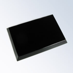 Black crystal trophy with beveled edges and glossy finish on a light gray gradient background, ideal for corporate recognition.