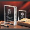 Crystal award trophies on leather desk, featuring UASV and ASE logos; ideal for corporate or employee recognition.