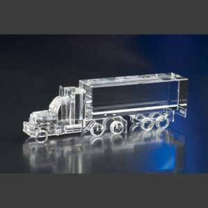 Crystal semi-truck award, transparent glass/acrylic, ideal for trucking industry or corporate achievement recognition.