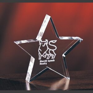 Star-shaped crystal award with engraved bull and Merrill Lynch Realty logo, ideal for corporate recognition.