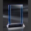 Crystal trophy with blue edges on faceted base, blank surface for engraving; ideal for corporate or employee recognition.